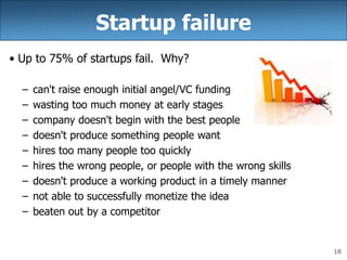 18
Startup failure
• Up to 75% of startups fail. Why?
– can't raise enough initial angel/VC funding
– wasting too much mon...