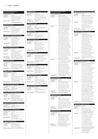 boletín de ofertas de emprego / 4
CAMAREIROS E PERSOAL DE SALA
PARA EXTRAS 30-03-2014
Oferta publicada en:	 A Voz de Galicia
Localidade: 	 A Coruña
Descrición:	 Camareiros/as e persoal de
sala para extras en empresa
de hostelería e catering.
Modo de contacto:	 Enviar Cv a
cv-personaldesala@gmail.com
CAMAREIRA 30-03-2014
Oferta publicada en:	 A Voz de Galicia
Localidade: 	 A Coruña
Descrición:	 Camareira con experiencia
para quenda de tarde
Modo de contacto:	 Deixar CV en Cervecería
Yates, A Coruña
COCIÑEIROS/AS CAMAREIROS/AS 30-03-2014
Oferta publicada en:	 A Voz de Galicia
Localidade: 	 A Coruña / Arteixo
Descrición:	 Camareiros e cociñeiros
experimentados para
Coruña e Arteixo
Modo de contacto:	 Interesados enviar CV a
rrhh@agevision.é.
COMERCIAL INMOBILIARIA 30-03-2014
Oferta publicada en:	 A Voz de Galicia
Localidade: 	 Coruña
Descrición:	 Inmobiliaria Pisos & Company
selecciona comercial.
Requisitos:	 Imprescindible ter vehículo
propio. Valorarase experiencia
Características:	 Contrato laboral fixo + comisións
Modo de contacto:	 Enviar Cv a info@pisosandco.é.
CAMAREIRO/A 30-03-2014
Oferta publicada en:	 A Voz de Galicia
Localidade: 	 Ferrol
Descrición:	 Camareiro/a para xamonería
Requisitos:	 Menor d e30 anos. Con experiencia
e coñecementos en charcutería
Modo de contacto:	 Chamar a 607442641
COCIÑEIRA 30-03-2014
Oferta publicada en:	 A Voz de Galicia
Localidade: 	 A Coruña
Descrición:	 Cociñeira
Requisitos:	 Experiencia demostrable. Informes
ou referencias. Valorarase
formación específica en hostalería
e/ou cociña tradicional
Modo de contacto:	 Chamar ao 620987350 de 10 a 18 h
OFICIAL 1ª DE PERRUQUERÍA-03-2014
Oferta publicada en:	 A Voz de Galicia
Localidade: 	 A Coruña
Características:	 Xornada completa
Modo de contacto:	 981925135
PERSOAL EXPLOTACIÓN GANDEIRA-03-2014
Oferta publicada en:	 O Progreso
Localidade: 	 A Pastoriza
Descrición:	 Persoal para cubrir baixas
de explotación gandeira
Modo de contacto:	 Chamar ao 982332107 ou enviar
CV a ocaxigodapastoriza@yahoo.é
CAMAREIRA OU APRENDIZ DE CAMAREIRA-03-2014
Oferta publicada en:	 O Progreso
Localidade: 	 Castro Ribeira de Lea
Modo de contacto:	 695359913
COCIÑEIRO DE COLECTIVIDADES-03-2014
Oferta publicada en:	 O Progreso
Localidade: 	 Lugo
Descrición:	 Cociñeiro
Requisitos:	 Quenda seguida. Libres
dous días a semana
Modo de contacto:	 Interesados enviar Cv a
apatececeme@apeteceme.com
TÉCNICO EN FARMACIA-03-2014
Oferta publicada en:	 O Progreso
Localidade: 	 Zona dá Mariña central
Descrición:	 Técnico en Farmacia con
experiencia en parafarmacia
Modo de contacto:	 Enviar Cv a: a.lavida@hotmail.com
CAMAREIRA-03-2014
Oferta publicada en:	 O Progreso
Localidade: 	 Preto de Lugo
Descrición:	 Camareira venres, sábado,
domingo e luns (tardes) 1000€.
Outra sábado e domingo (mañás).
Requisitos:	 Necesario coche
Modo de contacto:	 636796777
CAMAREIRA 30-03-2014
Oferta publicada en:	 O Progreso
Localidade: 	 Sarria
Descrición:	 Camareira con experiencia
Modo de contacto:	 982531709
CAMAREIRA-03-2014
Oferta publicada en:	 O Progreso
Localidade: 	 Lugo
Modo de contacto:	 Deixar Cv en Doa Vaniri
(Avda de Madrid, 32)
PERSOAL DE GRANXA-03-2014
Oferta publicada en:	 O Progreso
Localidade: 	 Lugo
Descrición:	 Explotación gandeira
precisa persoal para granxa
preferiblemente con
experiencia en muxido para
granxa de vacún leiteiro.
Modo de contacto:	 626653442
CAMAREIRO/A 29-03-2014.
Oferta publicada en:	 O Progreso
Localidade: 	 Mesón do Campo. Vilalba
Descrición:	 Camareiro entusiasta con
ganas de aprender e paixón pola
hostalería. Valoraranse estudos
e servizos en hostalería
Modo de contacto:	 982510209
CAMAREIRO/A-03-2014
Oferta publicada en:	 O Progreso
Localidade: 	 Lugo (Pol. Do Ceao)
Descrición:	 Xornadas de Luns a Sábado.
Domingos libres.
Modo de contacto:	 Entregar CV en Rúa industria
106. Pol. Do Ceao
COCIÑEIRO/REPOSTEIRO 31-03-2014
Oferta publicada en:	 A Rexión
Localidade: 	 Ourense
Descrición:	 Necesitar un cociñeiro e un
reposteiro con experiencia
Modo de contacto:	 Interesados enviar CV urxente
restauracionhosteleria@gmail.com
CAMAREIRO PARA GRELLA-03-2014
Oferta publicada en:	 A Rexión
Localidade: 	 Xinzo dá Limia
Descrición:	 Camareiro con experiencia
en comedor
Modo de contacto:	 Enviar CV ao Fax 988460278
DIRECTOR TECNICO DE MANTEMENTO
EN COLOMBIA 30-03-2014
Oferta publicada en:	 infojobs.com
Localidade: 	 Bogotá (Colombia)
Descrición:	 En dependencia directa da
Xerencia, precísase incorporar un
Xestor técnico de Mantemento de
Instalacións para empresa situada
en Bogotá (Colombia) para asumir
a Dirección Técnica da Compañía
nese país con plena autonomía:
Funcións:	 - Dirixir, coordinar e supervisar
a execución dos servizos a nivel
técnico e económico, garantindo
que se cumpran os obxectivos
establecidos. - Xestionar os
Recursos Humanos asignados,
selección, coordinación e control
das actividades produtivas do
persoal a cargo. - Executar o
cumprimento e implantación do
programa de mantemento de
instalacións GMAO (GIM), así como
das políticas de Medio Ambiente
e Prevención de Riscos Laborais
e resto de normativas aprobadas
pola Compañía. - Colaborar e apoiar
á Dirección Comercial de Colombia
na presentación e elaboración
das ofertas técnicas aos clientes
e na súa política de crecemento. -
Xestionar a relación cos directores
de mantemento existentes en o/os
contrato/s do cliente, coordinando
os plans de mantemento e
demais accións a implementar.
Requisitos:	 Enxeñeiro Técnico Experiencia
mínima de 5 anos como responsable
de en contrato de mantemento
de instalacións e xestión
energética Capacidade para a
xestión de equipos e clientes.
Dotes comunicativas Afeito ao
traballo por obxectivos e de forma
autónoma Carnet de conducir
Dispoñibilidade absoluta para
cambio de residencia a Colombia
Desexable Inglés e/ou Francés
Características:	 Indefinido Completa
COCINERO/A 30-03-2014
Oferta publicada en:	 infojobs.com
Localidade: 	 A Coruña
Descrición:	 Necesitamos cociñeiros/as que
queiran un traballo estable,
nunha empresa en crecemento
con posibilidades de promoción
profesional.Deben ser capaces
de integrarse nun equipo
moi motivado e esixente
Requisitos:	 Exp. Mínima de polo menos 2 anos
Características:	 Xornada laboral Indiferente
CAMAREIRO/A 30-03-2014
Oferta publicada en:	 infojobs.com
Localidade: 	 Vigo
Descrición:	 Búscanse persoas responsables
que busquen un posto estable
nunha empresa en crecemento con
posibilidades de desenvolvemento
profesional e que sexan capaces de
integrarse nun equipo moi motivado
Requisitos:	 Polo menos 2 anos de experiencia
Características:	 Indiferente
COCINERO/A 30-03-2014
Oferta publicada en:	 infojobs.com
Localidade: 	 Vigo
Descrición:	 Necesitamos cociñeiros/as que
queiran un traballo estable,
nunha empresa en crecemento
con posibilidades de promoción
profesional.Deben ser capaces
de integrarse nun equipo
moi motivado e esixente
Requisitos:	 Exp. Mínima de polo menos 2 anos
Características:	 Xornada laboral Indiferente
COORDINADOR/A SERVIZOS ELÉCTRICOS 29-03-2014
Oferta publicada en:	 infojobs.com
Localidade: 	 Galicia
Descrición:	 FUNCIÓNS (entre outras): -
Desenvolvemento e coordinación
do Servizo. - Xestión e control do
persoal. - Relación co cliente. -
Control económico do contrato.
Requisitos:	 - Enxeñería Técnica ou Superior.
- Experiencia en coordinación
e xestión de Servizos. -
Dispoñibilidade para o cambio
de residencia á Coruña.
Características:	 Completa
CONSULTOR-A COMERCIAL ETT 28-03-2014
Oferta publicada en:	 infojobs.com
Localidade: 	 Villagarcia De Arousa
Descrición:	 -Prospección de mercado para
a detección de oportunidades
de negocio -Apertura e
desenvolvemento de carteira
de clientes -Contacto e
seguimento dos clientes
potenciais identificados
-Presentación de ofertas,
argumentación, negociación e
pechadura -Aportar solucións
de valor adaptando a ampla
gama de servizos corporativos
ás necesidades do cliente .
Requisitos:	 Diplomado - Experiencia no sector
- Imprescindible experiencia
comercial - Vehículo propio -
Residencia en provincia de vacante
Características:	 Completa
DIRECTOR INTERNACIONAL 28-03-2014
Oferta publicada en:	 infojobs.com
Localidade: 	 Madrid-Coruña-Barcelona-Vigo
Descrición:	 Empresa de transporte de
mercancías por estrada con
presenza nacional e internacional,
busca unha persoa con cualificación
para posto de responsabilidade
no departamento comercial.
Buscamos un profesional formado,
con capacidade, experiencia e
con interese en crecer dentro
dunha organización seria e sólida.
Colaborará no desenvolvemento
do negocio tanto no mercado
nacional como internacional
Requisitos:	 Licenciado - Total orientación
comercial. - Capacidade executiva
e organizativa. - Experiencia
en xestión directiva e xestión
de equipos. - IMPRESCINDIBLE
total Dispoñibilidade para viaxar
e para cambios de residencia. -
IMPRESCINDIBLE dominio do
inglés falado e escrito. - Valorarase
o coñecemento doutros idiomas
adicionais. - Experiencia mínima de
5 anos. - Valorarase coñecemento
e experiencia no sector. -
Valorarase formación académica
e coñecementos técnicos.
Características:	 Temporal + indefinid Comleta
ODONTÓLOGO/A XENERAL 28-03-2014
Oferta publicada en:	 infojobs.com
Localidade: 	 Ferrol
Descrición:	 Clínica dental con varios
gabinetes odontolóxicos
situada en FERROL, selecciona
ODONTÓLOGO/A GENERALISTA.
Requisitos:	 Lic. Odontoloxía - Experiencia
de polo menos 2 anos realizando
tratamento de odontoloxía
xeral - Experiencia realizando
tratamentos de próteses
- Incorporación inmediata -
Experiencia de polo menos 2
anos realizando tratamento de
odontoloxía xeral - Experiencia
realizando tratamentos de
próteses - Incorporación inmediata
Características:	 -DISPOÑIBILIDADE DA XORNADA
DOS LUNS -EXPERIENCIA
EN TRATAMENTOS DE
PRÓTESIS ESTABLE
 