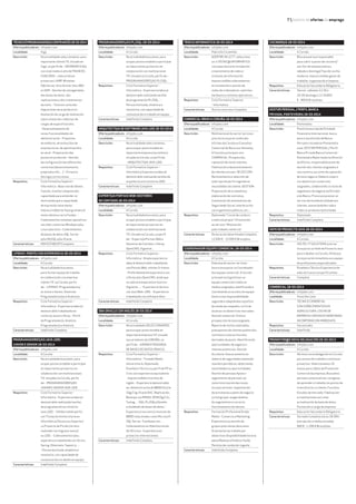 7  boletín de ofertas de emprego
TÉCNICOÓPROGRAMADOR/ACONFRANCÉS28-03-2014
Oferta publicada en:	 infojobs.com
Localidade: 	 Vigo
Descrición:	 Na actualidade seleccionamos, para
importante cliente TIC situado en
Vigo, un perfil de: - INFORMÁTICO/a
con nivel medio ó alto de FRANCÉS.
FUNCIÓNS: - Industrializar
proxectos LAMP, Windows
SQLServer, Unix Oracle, Unix DB2
e LDAP - Xestión de salvagárdalas
das bases de datos, das
replicaciones e dos tratamentos
da noite. - Toma en conta das
migraciones da arquitectura -
Avaliación da carga de realización
sobre a base dos cadernos de
cargas de especificacións.
- Desenvolvemento de
novas funcionalidades de
administración - Propostas
de melloras, de evolucións de
arquitecturas, de optimizacións
en xeral - Preparación das
postas en produción - Xestión
da configuración das diferentes
contornas (desenvolvemento,
preproducción,…) - Vixiancia
dos log e correcciones
Requisitos:	 Ciclo Formativo Superior -
Informática - Base real de idioma
francés, nivel bo comprensión,
capacidade para entender un
texto aínda que a capacidade
de expresión sexa menor.
Imprescindible ter base gramatical
neste idioma e certa fluidez. -
Coñecementos sistemas operativos
servidor contornas Windows e/ou
Linux e/ou Unix - Coñecementos
de bases de datos SQL Server
e/ou MySQL e/ou Oracle
Características:	 MOI ESTABLE!!! Completa
LIFERAY. PERFÍS CON EXPERIENCIA 28-03-2014
Oferta publicada en:	 infojobs.com
Localidade: 	 A Coruña
Descrición:	 Na actualidade buscamos,
para formar equipo de traballo
en colaboración con empresa
cliente TIC na Coruña, perfís
de: - LIFERAY: Programadores/
as Junior e Senior, Analistas
Programadores/as e Analistas.
Requisitos:	 Ciclo Formativo Superior –
Informática - Experiencia laboral
demostrable traballando en
contorna Java e Liferay. - Perfil
de Programador/a, Analista
Programador/a e Analista.
Características:	 Indefinido Completa
PROGRAMADORES/AS JAVA J2EE:
JUNIOR E SENIOR 28-03-2014
Oferta publicada en:	 infojobs.com
Localidade: 	 A Coruña
Descrición:	 Na actualidade buscamos, para
ocupar postos estables e participar
en importantes proxectos en
colaboración con multinacionais
TIC situadas na Coruña, perfís
de: - PROGRAMADORES/AS
JUNIOR E SENIOR JAVA J2EE.
Requisitos:	 Ciclo Formativo Superior -
Informática - Experiencia laboral
demostrable realizando tarefas
de programación en contorna
Java J2EE. - Válidos tamén perfís
con Titulación Universitaria en
Informática (Técnica ou Superior)
co Proxecto de Fin de Carreira
realizado con linguaxe Java e/
ou J2EE. - Coñecementos e/ou
experiencia traballando con Struts,
Spring, Hibernate, Tapestry,…
- Persoa motivada, dinámica e
resolutiva, con capacidade de
comunicación e traballo en equipo.
Características:	 Indefinido Completa
PROGRAMADORES/AS PL/SQL 28-03-2014
Oferta publicada en:	 infojobs.com
Localidade: 	 A Coruña
Descrición:	 Na actualidade buscamos, para
ocupar postos estables e participar
en importantes proxectos en
colaboración con multinacional
TIC situada na Coruña, perfís de: -
PROGRAMADORES/AS PL/SQL.
Requisitos:	 Ciclo Formativo Superior -
Informática - Experiencia laboral
demostrable realizando tarefas
de programación PL/SQL.. -
Persoa motivada, dinámica e
resolutiva, con capacidade de
comunicación e traballo en equipo.
Características:	 Indefinido Completa
ARQUITECTO/A DE SOFTWARE JAVA J2EE 28-03-2014
Oferta publicada en:	 infojobs.com
Localidade: 	 A Coruña
Descrición:	 Na actualidade seleccionamos,
para ocupar posto estable en
importante empresa tecnolóxica
situada na Coruña, un perfil de:
- ARQUITECTO/A JAVA J2EE.
Requisitos:	 Ciclo Formativo Superior –
Informática Experiencia laboral
demostrable realizando tarefas de
arquitectura en contorna J2EE.
Características:	 Indefinido Completa
EXPERTO/A PORTAIS WEB-XESTORES
DE CONTIDOS 28-03-2014
Oferta publicada en:	 infojobs.com
Localidade: 	 A Coruña
Descrición:	 Na actualidade buscamos, para
ocupar postos estables e participar
en importantes proxectos en
colaboración con multinacional
TIC situada na Coruña, un perfil
de: - Experto/a Portais Web e
Xestores de Contidos: Liferay,
OpenCMS, Vignette…
Requisitos:	 Ciclo Formativo Superior -
Informática - Ampla experiencia
laboral demostrable traballando
con Portais Web, mínimo 3-4 anos.
- Preferiblemente experiencia con
Liferay e/ou OpenCMS, aínda que
se valorará experiencia noutros:
Vignette,… - Experiencia técnica
con Java Web: J2EE. - Experiencia
traballando con software libre.
Características:	 Indefinido Completa
DBA ORACLE CON INGLÉS 28-03-2014
Oferta publicada en:	 infojobs.com
Localidade: 	 A Coruña
Descrición:	 Na actualidade SELECCIONAMOS,
para ocupar posto estable en
importante empresa TIC situada
nos arredores da CORUÑA, un
perfil de: - ADMINISTRADOR/A
DE BASES DE DATOS ORACLE.
Requisitos:	 Ciclo Formativo Superior –
Informática - Titulado Medio
Universitario, Diplomado,
Enxeñeiro Técnico ou perfil de FP ou
Ciclo con experiencia equivalente.
- Imprescindible nivel alto de
inglés. - Experiencia demostrable
en: Administración de BBDD Oracle
10g/11g: Oracle RAC, Replicación,
Backups con RMAN, OEM10g/12c,
Tuning,… SQL; PL/SQLy Deseño
e modelado de bases de datos. -
Experiencia con outros motores de
BBDD relacionales como Microsoft
SQL Server, Transbase, etc.. -
Coñecementos en Administración
de SO Linux - Experiencia en
proxectos Internacionais
Características:	 Indefinido Completa
TÉNICO INFORMÁTICO 28-03-2014
Oferta publicada en:	 infojobs.com
Localidade: 	 Pobra Do Caramiñal
Descrición:	 ADER RR.HH.,E.T.T. selecciona
un-a TÉCNIC@ INFORMÁTICO
con experiencia en instalación
e mantemento de redes e
sistemas de información.
Imprescindible coñecementos
en instalación e xestión de
redes de ordenadores, switches,
hardware e sistemas operativos.
Requisitos:	 Ciclo Formativo Superior
- Informática
Características:	 Outros contratos Completa
COMERCIAL RRHH A CORUÑA 28-03-2014
Oferta publicada en:	 infojobs.com
Localidade: 	 A Coruña
Descrición:	 Multinacional do sector servizos
precisa incorporar nunha das
oficinas da Coruña un Consultor
Comercial de Recursos Humanos.
A funcións principais son:
COMERCIAL: Prospección,
captación de novos clientes,
fidelización e desenvolvemento
de clientes actuais. SELECCION:
Reclutamiento e selección de
todo tipo de perfís segundo as
necesidades do cliente. GESTION:
Preparación de orzamentos,
elaboración de contratos,
tramitación de movementos de
Seguridade Social, interlocución
con organismos públicos, etc…
Requisitos:	 Diplomado * Carné de conducir
e vehículo propio * Orientación
ao servizo * Motivación
polo traballo comercial
Características:	 De duración determinada Completa
12.000 € - 15.000 € Bruto/ano
COORDINADOR EQUIPO COMERCIAL 28-03-2014
Oferta publicada en:	 infojobs.com
Localidade: 	 A Coruña
Descrición:	 Empresa do sector servizos
busca incorporar un Coordinador
dun equipo comercial. A función
principal será gestionar un
equipo comercial e todos os
medios asignados, planificando e
coordinando as accións do equipo
baixo a súa responsabilidade,
seguindo e adaptándoo á política
de venda da compañía, co fin de
alcanzar os obxectivos marcados.
Xestión comercial: Visita e
prospección da zona asignada.
Reporte de visitas realizadas,
presupostos de clientes potenciais,
contratos e outras funcións
derivadas do posto. Identificación
oportunidades de negocio e
clientes potenciais. Xestión
do cliente: Asesoramiento en
materia de seguridade mantendo
reunións periódicas, detectando
necesidades ou oportunidades.
Xestión de persoas Apoio e
seguimiento do persoal, así
como tutorización das novas
incorporaciones. Implantación
de estratexias e plans de negocio
a nivel grupal, asegurándose
do seguimiento e correcto
funcionamento do mesmo.
Requisitos:	 Formación Profesional Grado
Medio - Comercio e Marketing
Experiencia na xestión de
grupos polo menos dous anos
Orientación ao traballo por
obxectivos Dispoñibilidade horaria
plena Manexo ofimático fluído
Permiso de condución vigente
Características:	 Indefinido Completa
COCINERO/A 28-03-2014
Oferta publicada en:	 infojobs.com
Localidade: 	 A Coruña
Descrición:	 Búscase persoa responsable
para cubrir o posto de cocinero/
aos fins de semana (venres,
sábado e domingo) Tipo de cociña:
moderna. Imprescindible ganas de
traballar, organización e limpeza.
Requisitos:	 Educación Secundaria Obligatoria
Características:	 Venres- sábados:12-16 e
20-00 domingos:12-16 600
€ - 900 € Bruto/mes
XESTOR PERSOAL / PERFIL BANCA
PRIVADA, PONTEVEDRA 28-03-2014
Oferta publicada en:	 infojobs.com
Localidade: 	 Pontevedra
Descrición:	 Prestixiosa e liquide Entidade
Financeira Internacional, busca
para a súa división de Banca
Persoal e situado en Pontevedra
un/a: XESTOR PERSOAL / Perfil
Banca Privada Banca Comercial -
Pontevedra Reportando ao Director
da Oficina, responsabilizarase da
xestión dos clientes asignados á
súa carteira, así como da captación
de novo negocio. Deberá cumprir
cos obxectivos comerciais
asignados, colaborando co resto de
segmentos de negocio da División
e do Banco. Procurará prestar un
servizo de excelente alidade aos
clientes, asesorándolles sobre
todos os produtos da Entidade.
Requisitos:	 Diplomado
Características:	 Indefinido Completa
XEFE DE PROXECTO JAVA 28-03-2014
Oferta publicada en:	 infojobs.com
Localidade: 	 A Coruña
Descrición:	 SOLTEL IT SOLUTIONS precisa
incorporar un Xefe de Proxecto Java
para traballar na Coruña. Ofrécese
incorporación inmediata a un equipo
de profesionais especializados
Requisitos:	 Enxeñeiro Técnico Experiencia de
máis de 5 anos nun perfil similar
Características:	 Completa
COMERCIAL 28-03-2014
Oferta publicada en:	 infojobs.com
Loalidade: 	 Xinzo De Limia
Descrición:	 TECNICO COMERCIAL
CON COÑECEMENTOS EN
AGRICULTURA, COCHE DE
EMPRESA CONTRATO INDEFINIDO
INCORPORACION INMEDIATA
Requisitos:	 Sen estudos
Características:	 Indefinido
PROMOTOR@S NOVA DELEGACIÓN 28-03-2014
Oferta publicada en:	 infojobs.com
Localidade: 	 A Coruña
Descrición:	 Abrimos nova delegación en Coruña
por exceso de traballo e continuos
proxectos. Seleccionamos 10
mozos para o Dpto de Promoción
Comercial da empresa. Buscamos
persoas comunicativas, con ganas
de aprender e traballar en postos de
trato directo co cliente. Funcións:
Estudos de mercado, fidelización
e tramitaciones así como
actualización da base de datos.
Formación a cargo da empresa
Requisitos:	 Educación Secundaria Obligatoria
Características:	 Xornada Completa ata as 18:30hr
(sen opción a media xornada)
900 € - 1.200 € Bruto/mes
 