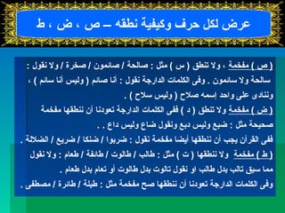 عرض لكل حرف وكيفية نطقه – ص ، ض ، ط 
( ص ) مفخمة ، ول تنطق ( س ) مثل : صالحة / صائمون / صخرة / ول نقول : 
سالحة ول سائمون . وفى الكلمات الدارجة نقول : أنا صائم ( وليس أنا سائم ) ، 
وننادى على واحد إسمه صلح  ( وليس سلح  ) . 
( ض ) مفخمة ول تنطق ( د ) ففى الكلمات الدارجة تعودنا أن ننطقها مفخمة 
صحيحة مثل : ضبع وليس دبع ونقول ضاع وليس داع . . 
ففى القرآن يجب أن ننطقها أيضا مفخمة نقول : ضربوا / ضنكا / ضريع / الضللة . 
( ط ) مفخمة ول ننطقها ( ت ) مثل : طالب / طالوت / طائفة / طعام : ول نقول 
مما سبق تالب بدل طالب او نقول تالوت بدل طالوت أو تعام بدل طعام . 
وفى الكلمات الدارجة تعودنا أن ننطقها صح مفخمة مثل : طبلة / طائرة / مصطفى . 
 