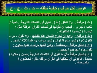 عرض لكل حرف وكيفية نطقه – ت ، ث ، ج ، ح 
( ت ) مرققة : ول تىنطق ( ط ) : نقول فى الكلمات الدارجة : تىحية / 
تىلعب / تىجرى . فيجب أن نقولها فى كلمات القرآن مرققة مثل : 
تىبصرة / تىربرصوا / تىخلقونه . 
( ث ) مرققه : ولبرد أن نُخخرج اللسان عند تىلفظها ، ول نقول - س - 
فنقول ثمرة وليس سمرة/ ثواب وليس سواب / وهكذا ثلثة / ثمود . 
( ج ) تىنطق مرققة ، ومعطشة ، وكأن قبلها حرف د عليه سكون : 
نقول جاء / جاءهم / جحيم . 
( ح ) تىنطق مرققة مثل ما نقول فى الكلمات الدارجة :حسن / حلوة / 
حميدة ، فالولى أن ننطقها فى القرآن مرققه مثل : تىحاضون / 
برالمرحمة . 
 