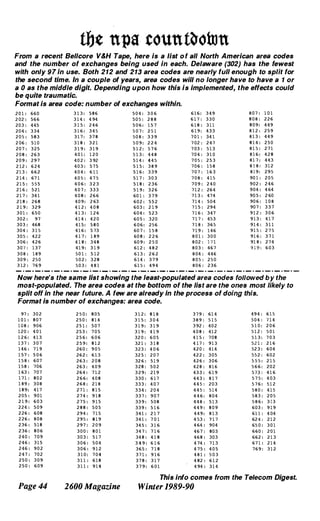 tlJt ups touut()OWU
From a recent Bellcore V&H Tape, here is a list o f all North American area codes
and the number of exchanges being used in each. Delaware (302) has the fewest
with only 97 1n use. Both 212 and 213 area codes are nearly full enough to split for
the second time. In a couple of years, area codes will no longer ha ve to have a 1 or
a 0 as the middle digit. Depending upon how this is implemented, the effects could
be quite traumatic.
Format is area code: number of exchanges within.
2 0 1 : 6 6 0
2 02 : 5 6 6
2 0 3 : 4 4 5
2 0 4 : 3 3 4
2 0 5 : 5 8 3
2 0 6 : 5 1 0
2 0 7 : 3 2 5
2 0 8 : 2 6 3
2 0 9 : 2 9 7
2 1 2 : 6 2 4
2 1 3 : 6 6 2
2 1 4 : 67 1
2 1 5 : 5 5 5
2 1 6 : 5 2 1
2 1 7 : 3 4 1
2 1 8 : 2 6 8
2 1 9 : 3 2 9
3 0 1 : 6 5 0
3 0 2 : 9 7
3 0 3 : 4 6 8
3 0 4 : 3 1 5
3 0 5 : 4 2 2
3 0 6 : 4 2 6
3 0 7 : 1 3 7
3 0 8 : 1 8 9
3 0 9 : 2 5 0
3 1 2 : 7 6 9
3 1 3 : 5 8 6
3 1 4 : 4 94
3 1 5 : 2 4 6
3 1 6 : 3 4 5
3 1 7 : 3 7 8
3 1 8 : 3 2 1
3 1 9 : 3 1 9
4 0 1 : 1 2 0
4 0 2 : 3 92
4 0 3 : 5 7 5
4 0 4 : 6 1 1
4 0 5 : 4 7 5
4 0 6 : 3 2 3
4 0 7 : 3 3 3
4 0 8 : 2 6 6
4 0 9 : 2 63
4 1 2 : 4 0 8
4 1 3 : 1 2 6
4 1 4 : 4 2 0
4 1 5 : 5 8 0
4 1 6 : 5 73
4 1 7 : 1 B 9
4 1 8 : 3 4 8
4 1 9 : 3 1 9
5 0 1 : 5 1 2
5 0 2 : 3 2 8
5 0 3 : 4 B 1
5 0 4 : 3 0 6
5 0 5 : 2 B B
5 0 6 : 1 5 7
5 0 7 : 2 5 1
5 0 B : 3 3 9
5 0 9 : 2 2 4
5 1 2 : 5 7 6
5 1 3 : 4 4 B
5 1 4 : 4 4 5
5 1 5 : 3 B 9
5 1 6 : 3 3 9
5 1 7 : 3 0 3
5 1 8 : 2 3 6
5 1 9 : 3 2 6
60 1 : 3 7 9
6 0 2 : 5 5 2
6 0 3 : 2 1 9
6 0 4 : 5 2 3
6 0 5 : 3 2 0
6 0 6 : 2 5 6
60 7 : 1 5 B
60 8 : 2 2 6
60 9 : 2 5 0
6 1 2 : 4 B 2
6 1 3 : 2 6 2
6 1 4 : 3 7 9
6 1 5 : 4 9 4
6 1 6 : 3 4 9
6 1 7 : 3 3 0
6 1 8 : 3 1 1
6 1 9 : 4 3 3
7 0 1 : 3 4 1
7 02 : 2 4 7
7 03 : 5 1 3
7 0 4 : 3 1 0
7 0 5 : 2 5 3
7 0 6 : 1 5 B
7 0 7 : 1 6 3
7 0 8 : 4 1 5
7 0 9 : 2 4 0
7 1 2 : 2 6 4
7 1 3 : 4 7 4
7 1 4 : 5 0 4
7 1 5 : 2 9 4
7 1 6 : 3 4 7
7 1 7 : 4 5 3
7 1 8 : 3 6 5
7 1 9 : 1 4 6
8 0 1 : 3 0 0
8 0 2 : 1 7 1
8 0 3 : 4 6 7
8 0 4 : 4 4 6
8 0 5 : 2 5 0
8 0 6 : 2 3 6
8 0 7 : 1 0 1
8 0 8 : 2 2 6
8 0 9 : 4 4 9
B 1 2 : 2 5 9
8 1 3 : 4 4 9
8 1 4 : 2 5 0
B 1 5 : 2 7 1
B 1 6 : 4 2 8
B 1 7 : 4 4 3
8 1 8 : 3 1 2
B 1 9 : 2 9 5
90 1 : 2 0 5
9 0 2 : 2 4 6
9 0 4 : 4 64
90 5 : 2 60
90 6 : 1 0 8
90 7 : 3 3 7
9 1 2 : 3 0 6
9 1 3 : 4 1 7
9 1 4 : 3 1 1
9 1 5 : 2 7 5
9 1 6 : 3 7 1
91 B : 2 7 4
9 1 9 : 6 0 3
Now here's the same list showing the least-populated area codes followed by the
most-populated. The area codes at the bottom of the list are the ones most likely to
split off in the near future. A few are already In the process of doing this.
Format is number of exchanges: area code.
97 : 3 0 2
1 0 1 : 8 0 7
l O B : 9 0 6
1 2 0 : 4 0 1
1 2 6 : 4 1 3
1 3 7 : 3 0 7
1 4 6 : 7 1 9
1 5 7 : 5 0 6
1 5 8 : 6 0 7
1 5 B : 7 0 6
1 63 : 7 0 7
1 7 1 : 8 0 2
1 8 9 : 3 0 8
1 8 9 : 4 1 7
2 0 5 : 9 0 1
2 1 9 : 6 0 3
2 2 4 : 5 0 9
2 2 6 : 6 0 8
2 2 6 : 8 0 B
2 3 6 : 5 1 8
2 3 6 : 8 0 6
2 4 0 : 7 0 9
2 4 6 : 3 1 5
2 4 6 : 9 0 2
2 4 7 : 7 0 2
2 5 0 : 3 0 9
2 5 0 : 6 0 9
Page 44
2 5 0 : 8 0 5
2 5 0 : 8 1 4
2 5 1 : 5 0 7
2 5 3 : 7 0 5
2 5 6 : 6 0 6
2 5 9 : 8 1 2
2 6 0 : 9 0 5
2 6 2 : 6 1 3
2 6 3 : 2 0 8
2 6 3 : 4 0 9
2 6 4 : 7 1 2
2 6 6 : 4 0 8
2 6 8 : 2 1 8
2 7 1 : 8 1 5
2 7 4 : 9 1 8
2 7 5 : 9 1 5
2 8 8 : 5 0 5
2 9 4 : 7 1 5
2 9 5 : B 1 9
2 9 7 : 2 0 9
3 0 0 : 8 0 1
3 0 3 : 5 1 7
3 0 6 : 5 0 4
3 0 6 : 9 1 2
3 1 0 : 7 0 4
3 1 1 : 6 1 8
3 1 1 : 9 1 4
2600 Magazine
3 1 2 : 8 1 8
3 1 5 : 3 0 4
3 1 9 : 3 1 9
3 1 9 : 4 1 9
3 2 0 : 6 0 5
32 1 : 3 1 8
3 2 3 : 4 0 6
3 2 5 : 2 0 7
32 6 : 5 1 9
3 2 8 : 5 0 2
3 2 9 : 2 1 9
3 3 0 : 6 1 7
3 3 3 : 4 0 7
3 3 4 : 2 0 4
3 3 7 : 9 0 7
3 3 9 : 5 0 8
3 3 9 : 5 1 6
3 4 1 : 2 1 7
3 4 1 : 7 0 1
3 4 5 : 3 1 6
3 4 7 : 7 1 6
3 4 8 : 4 1 8
3 4 9 : 6 1 6
3 6 5 : 7 1 8
3 7 1 : 9 1 6
3 7 8 : 3 1 7
3 7 9 : 6 0 1
3 7 9 : 6 1 4
3 8 9 : 5 1 5
3 92 : 4 0 2
4 0 8 : 4 1 2
4 1 5 : 7 0 8
4 1 7 : 9 1 3
4 2 0 : 4 1 4
4 2 2 : 3 0 5
4 2 6 : 3 0 6
4 2 B : B 1 6
4 3 3 : 6 1 9
4 4 3 : B 1 7
4 4 5 : 2 0 3
4 4 5 : 5 1 4
4 4 6 : B 0 4
4 4 8 : 5 1 3
4 4 9 : 8 0 9
4 4 9 : B 1 3
4 5 3 : 7 1 7
4 64 : 9 0 4
4 6 7 : 8 0 3
4 6 8 : 3 0 3
4 74 : 7 1 3
4 7 5 : 4 0 5
4 8 1 : 5 0 3
4 8 2 : 6 1 2
4 94 : 3 1 4
4 9 4 : 6 1 5
5 0 4 : 7 1 4
5 1 0 : 2 0 6
5 1 2 : 5 0 1
5 1 3 : 7 0 3
5 2 1 : 2 1 6
52 3 : 6 0 4
5 5 2 : 6 0 2
5 5 5 : 2 1 5
5 6 6 : 2 0 2
5 7 3 : 4 1 6
5 7 5 : 4 0 3
5 7 6 : 5 1 2
5 8 0 : 4 1 5
5 8 3 : 2 0 5
5 8 6 : 3 1 3
6 0 3 : 9 1 9
6 1 1 : 4 04
62 4 ; 2 1 2
65 0 : 3 0 1
6 6 0 : 2 0 1
6 6 2 : 2 1 3
6 7 1 : 2 1 4
7 6 9 : 3 1 2
This info comes from the Telecom Digest.
Winter 1989-90
 