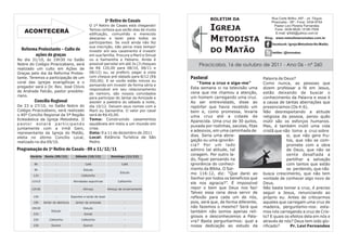1º Retiro de Casais                       BOLETIM DA                      Rua Corte Brilho, 497 - Jd. Tóquio
                                                                                                                                        Piracicaba - SP - Fone: 3434-9754

   ACONTECERÁ
                                                  O 1º Retiro de Casais está chegando!
                                                  Temos certeza que serão dias de muita                 IGREJA                            Pastor Levi Pereira Fernandes
                                                                                                                                           Fone: 3426-8628 / 8195-7058
                                                  edificação, comunhão e merecido                                                          E-mail: lpfddi@yahoo.com.br
                                                  descanso e lazer para todos os
                                                  participantes. Se você ainda não fez
                                                                                                        METODISTA                   Blog: www.metodistanomatao.com.br
                                                                                                                                        facebook: Igreja Metodista No Matão

                                                                                                        DO MATÃO
                                                  sua inscrição, não perca mais tempo!
  Reforma Protestante – Culto de                  investir em seu casamento é investir                                                  twitter: @immatao
        ações de graças                           em sua família. Procure a Marli e Sinval
No dia 31/10, às 19h30 no Salão                   ou a Samantha e Fabiano. Ainda é
Nobre do Colégio Piracicabano, será               possível parcelar em até 3x (3 cheques         Piracicaba, 16 de outubro de 2011 - Ano 06 - nº 260
realizado um culto em Ações de                    de R$ 120,00 para 08/10, 08/11 e
Graças pelo dia da Reforma Protes-                08/12) ou, se preferir, pagar à vista
tante. Teremos a participação de um               com cheque pré-datado para 8/12 (R$        Pastoral                              Palavra de Deus?
coral das igrejas evangélicas e o                 350,00). E se vocês estão noivos ou
                                                  pensando em investir de forma séria e
                                                                                                 “Tome a cruz e siga-me”           Como nunca, as pessoas que
pregador será o Dr. Rev. José Clóvis                                                         Esta semana vi na televisão uma       dizem professar a fé em Jesus,
                                                  responsável em seu relacionamento
de Andrade Falcão, pastor presbite-                                                          cena que me chamou a atenção,         estão deixando de buscar o
                                                  de namoro, são nossos convidados
riano.                                                                                       um homem carregando uma cruz.         conhecimento da Palavra e essa é
                                                  para participar do Jantar da Amizade e
         Concílio Regional                        assistir a palestra do sábado a noite,     Ao ser entrevistado, disse ao         a causa de tantas aberrações que
De 23 a 27/10, no Salão Nobre do                  dia 10/12. Deixem seus nomes com a         repórter que havia recebido um        presenciamos (Os 4:6).
Colégio Piracicabano, será realizado              Marli ou Samantha. O valor por casal       bem e, como promessa, levaria         Não desrespeitando a atitude
o 40º Concílio Regional da 5ª Região              será de R$ 45,00.                          uma cruz até a cidade de              religiosa da pessoa, penso quão
Eclesiástica da Igreja Metodista. O               Tema: Construindo casamentos
                                                                                             Aparecida. Uma cruz de 30 quilos,     inútil são os esforços humanos.
pastor estará participando                        saudáveis em meio a um mundo em
                                                                                             puxada por rodinhas, sacolas, fitas   Mas, é também inútil uma vida
juntamente com a irmã Geni,                       crise.
                                                                                             e adesivos, em uma caminhada de       cristã que não toma a cruz sobre
representante da Igreja do Matão,                 Data: 9 a 11 de dezembro de 2011
eleita no último Concílio Local,                  Local: Estância Turística de São           dias. Seria uma abne-                              si, que não gera fru-
realizado no dia 09/10.                           Pedro                                      gação ou uma ignorân-                              tos, que não se com-
                                                                                             cia? Por um lado                                   promete com a obra
Programação do 1º Retiro de Casais - 09 a 11/12/11                                           admiro tal atitude, tal                            de Deus, que não se
      Horário    Sexta (09/12)          Sábado (10/12)             Domingo (11/12)
                                                                                             coragem. Por outro la-                             sente desafiada a
                                                                                             do, fiquei pensando na                             partilhar a salvação
         8h             -                      Café                       Café               ignorância do conheci-                             com tantos que estão
         9h             -                     Estudo                                         mento da Bíblia. O Sal-                            se perdendo, que não
                                                                         Estudo              mo 116:12, diz: “Que darei ao         busca crescimento, que não tem
        11h             -                   Cafezinho
                                                                                             Senhor por todos os benefícios que    vontade de conhecer algo novo de
       11h15            -             Atividades esportivas            Cafezinho
                                                                                             ele nos agracia?”. É impossível       Deus.
       12h30            -                    Almoço              Almoço de encerramento      repor o bem que Deus nos faz!         Não basta tomar a cruz, é preciso
                                                                                             Talvez essa cena deva servir de       seguir a Jesus, renunciando ao
        15h             -            Esportes e tarde de lazer                               reflexão para cada um de nós,         próprio eu. Antes de criticarmos
        18h     Jantar de abertura      Jantar da amizade                  -                 pois, será que, de forma diferente,   aqueles que carregam uma cruz de
       19h30                                  Estudo                       -                 não fazemos o mesmo? Será que         madeira, perguntemo-nos: esta-
                     Estudo                                                                  também não somos apenas reli-         mos nós carregando a cruz de Cris-
        21h                                   Social                       -
                                                                                             giosos e desconhecemos a Pala-        to? E quais os efeitos dela em nós e
        22h         Cafezinho               Cafezinho                      -
                                                                                             vra? Basta perguntarmos: qual a       através de nós? Deus tem sido glo-
        23h          Dormir                   Dormir                       -                 nossa dedicação ao estudo da          rificado?      Pr. Levi Fernandes
 