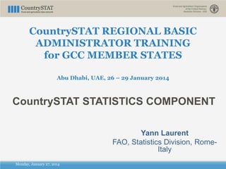 CountrySTAT REGIONAL BASIC
ADMINISTRATOR TRAINING
for GCC MEMBER STATES
Abu Dhabi, UAE, 26 – 29 January 2014
Monday, January 27, 2014
CountrySTAT STATISTICS COMPONENT
Yann Laurent
FAO, Statistics Division, Rome-
Italy
 