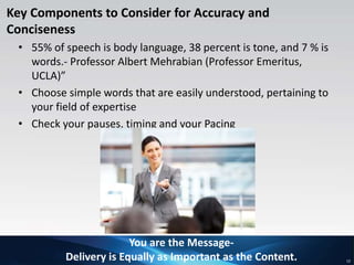 12
Key Components to Consider for Accuracy and
Conciseness
• 55% of speech is body language, 38 percent is tone, and 7 % i...