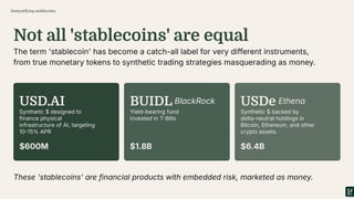 The term 'stablecoin' has become a catch-all label for very different instruments,
from true monetary tokens to synthetic trading strategies masquerading as money.
These 'stablecoins' are financial products with embedded risk, marketed as money.
Not all 'stablecoins' are equal
USD.AI BUIDL USDe
Synthetic $ designed to
finance physical
infrastructure of AI, targeting
1015% APR
Yield-bearing fund
invested in TBills
BlackRock Ethena
$600M $1.8B $6.4B
Demystifying stablecoins
Synthetic $ backed by
delta-neutral holdings in
Bitcoin, Ethereum, and other
crypto assets.
 