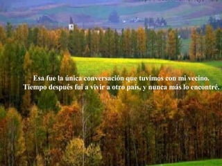 Esa fue la única conversación que tuvimos con mi vecino. Tiempo después fui a vivir a otro país, y nunca más lo encontré. 