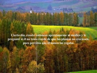 Cierto día, resolví entonces aproximarme al médico y le pregunté si él no tenía recelo de que las plantas no creciesen, pues percibía que él nunca las regaba. 