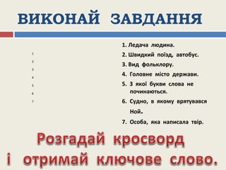 ВИКОНАЙ ЗАВДАННЯ
1. Ледача людина.
2. Швидкий поїзд, автобус.
3. Вид фольклору.
4. Головне місто держави.
5. З якої букви слова не
починаються.
6. Судно, в якому врятувався
Ной.
7. Особа, яка написала твір.
1
2
3
4
5
6
7
 
