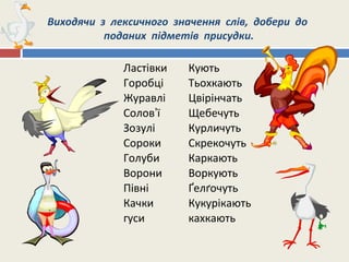Виходячи з лексичного значення слів, добери до
поданих підметів присудки.
Ластівки
Горобці
Журавлі
Солов’ї
Зозулі
Сороки
Голуби
Ворони
Півні
Качки
гуси
Кують
Тьохкають
Цвірінчать
Щебечуть
Курличуть
Скрекочуть
Каркають
Воркують
Ґелґочуть
Кукурікають
кахкають
 