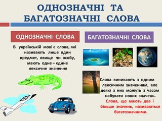 ОДНОЗНАЧНІ ТА
БАГАТОЗНАЧНІ СЛОВА
В українській мові є слова, які
називають лише один
предмет, явище чи особу,
мають одне – єдине
лексичне значення
ОДНОЗНАЧНІ СЛОВА БАГАТОЗНАЧНІ СЛОВА
Слова виникають з одним
лексичним значенням, але
деякі з них можуть з часом
набувати нових значень.
Слова, що мають два і
більше значень, називаються
багатозначними.
 