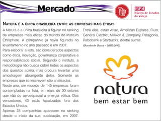 Mercado
Natura é a única brasileira entre as empresas mais éticas
A Natura é a única brasileira a figurar no ranking   Entre elas, estão Aflac, American Express, Fluor,
de empresas mais éticas do mundo do Instituro        General Electric, Milliken & Company, Patagonia,
Ethisphere. A companhia já havia figurado no         Rabobank e Starbucks, dentre outras.
levantamento no ano passado e em 2007.               (Gouvêa de Souza – 20/03/2012)

Para elaborar a lista, são considerados aspectos
como ética, inovação, governança corporativa e
responsabilidade social. Segundo o instituto, a
metodologia não busca cobrir todos os aspectos
dos quesitos acima, mas procura levantar uma
amostragem abrangente deles. Somente as
empresas que se inscrevem são analisadas.
Neste ano, um recorde de 145 empresas foram
contempladas na lista, em mais de 30 setores
que vão do aeroespacial a energia eólica. Dos
vencedores, 43 estão localizados fora dos
Estados Unidos.
Apenas 23 companhias aparecem no ranking
desde o início da sua publicação, em 2007.
 