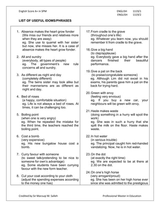 English Score A+ in SPM ENGLISH 1119/1
ENGLISH 1119/2
Credited by Sir Marzuqi M. Salleh Professional Master in Education
LIST OF USEFUL IDOMS/PHRASES
1. Absence makes the heart grow fonder
(We miss our friends and relatives more
when they are away)
eg. She use to quarrel with her sister
but now, she misses her. It is a case of
absence makes the heart grow fonder.
2. All and sundry
(everybody, all types of people)
eg. The government‟s new rule
concerns all and sundry.
3. As different as night and day
(completely different)
eg. The twins sister may look alike but
their mannerisms are as different as
night and day.
4. Bed of roses
(a happy, comfortable situation)
eg. Life is not always a bed of roses. At
times, it can be challenging too.
5. Boiling point
(when one is very angry)
eg. When he repeated the mistake for
the third time, the teachers reached the
boiling point.
6. Cost a bomb
(very expensive)
eg. His new bungalow house cost a
bomb.
7. Curry favour with someone
(to sweet talk/pretending to be nice to
someone for own‟s advantage)
eg. Some students have been currying
favour with the new form teacher.
8. Cut your coat according to your cloth
(adjust the spending expenses according
to the money one has)
17.From cradle to the grave
(throughout one‟s life)
eg. Whatever you learn now, you should
remember it from cradle to the grave.
18.Give a big hand
(to clap/applause)
eg. Everybody gave a big hand after the
dancers finished their beautiful
performance.
19.Give a pat on the back
(to praise/congratulate someone)
eg. Although Lim did not excel in his
exams, his parents gave him a pat on the
back for trying hard.
20.Green with envy
(feeling very envious)
eg. If you buy a new car, your
neighbours will be green with envy.
21.Haste makes waste
(doing something in a hurry will spoil the
work)
eg. She was in such a hurry that she
spilt the milk on the floor. Haste makes
waste.
22.In hot water
(in serious trouble)
eg. The principal caught him red-handed
vandalizing. Now, he is in hot water.
23.On the dot
(at exactly the right time)
eg. We are expected to be at there at
2.30 on the dot.
24.On one‟s high horse
(very arrogant/proud)
eg. She has been on her high horse ever
since she was admitted to the prestigious
 