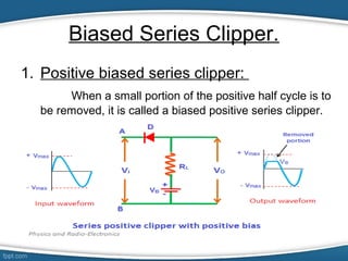 Biased Series Clipper.
1. Positive biased series clipper:
When a small portion of the positive half cycle is to
be removed, it is called a biased positive series clipper.
 