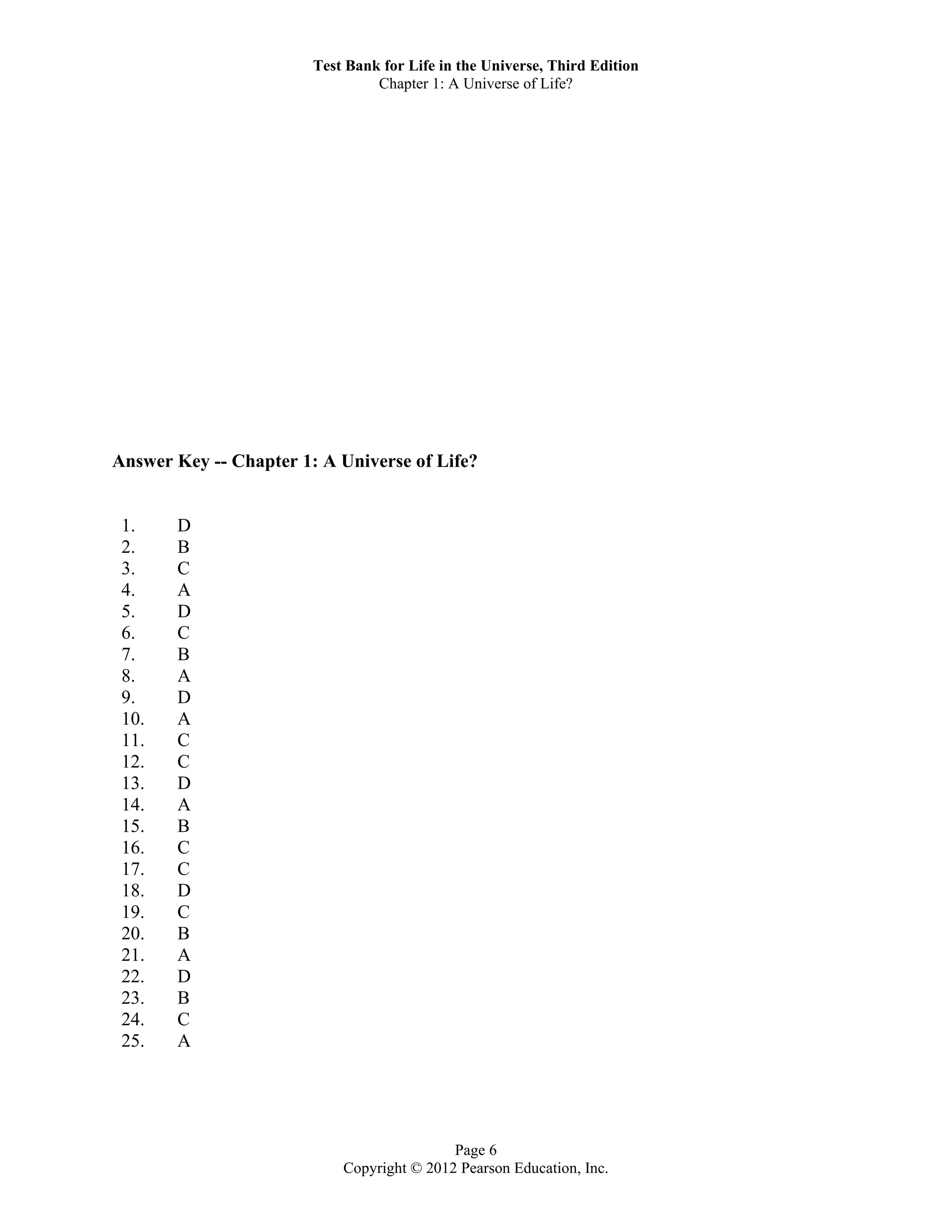 Test Bank for Life in the Universe, Third Edition
Chapter 1: A Universe of Life?
Page 6
Copyright © 2012 Pearson Education, Inc.
Answer Key -- Chapter 1: A Universe of Life?
1. D
2. B
3. C
4. A
5. D
6. C
7. B
8. A
9. D
10. A
11. C
12. C
13. D
14. A
15. B
16. C
17. C
18. D
19. C
20. B
21. A
22. D
23. B
24. C
25. A
 