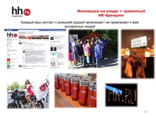 Мотивация на входе = грамотный
HR-брендинг
28
Каждый ваш контакт с внешней средой привлекает/ не привлекает к вам
интересных людей
 