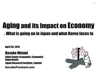 1
Aging and its Impact on Economy
--- What is going on in Japan and what Korea faces to
April 26, 2013
Kosuke Motani
Chief Senior Economist, Economist
Department
Japan Research Institute, Limited
kosuke@motani.com
 