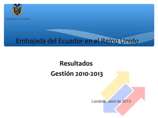 República del Ecuador
Londres, abril de 2013
Embajada del Ecuador en el Reino Unido
Resultados
Gestión 2010-2013
 