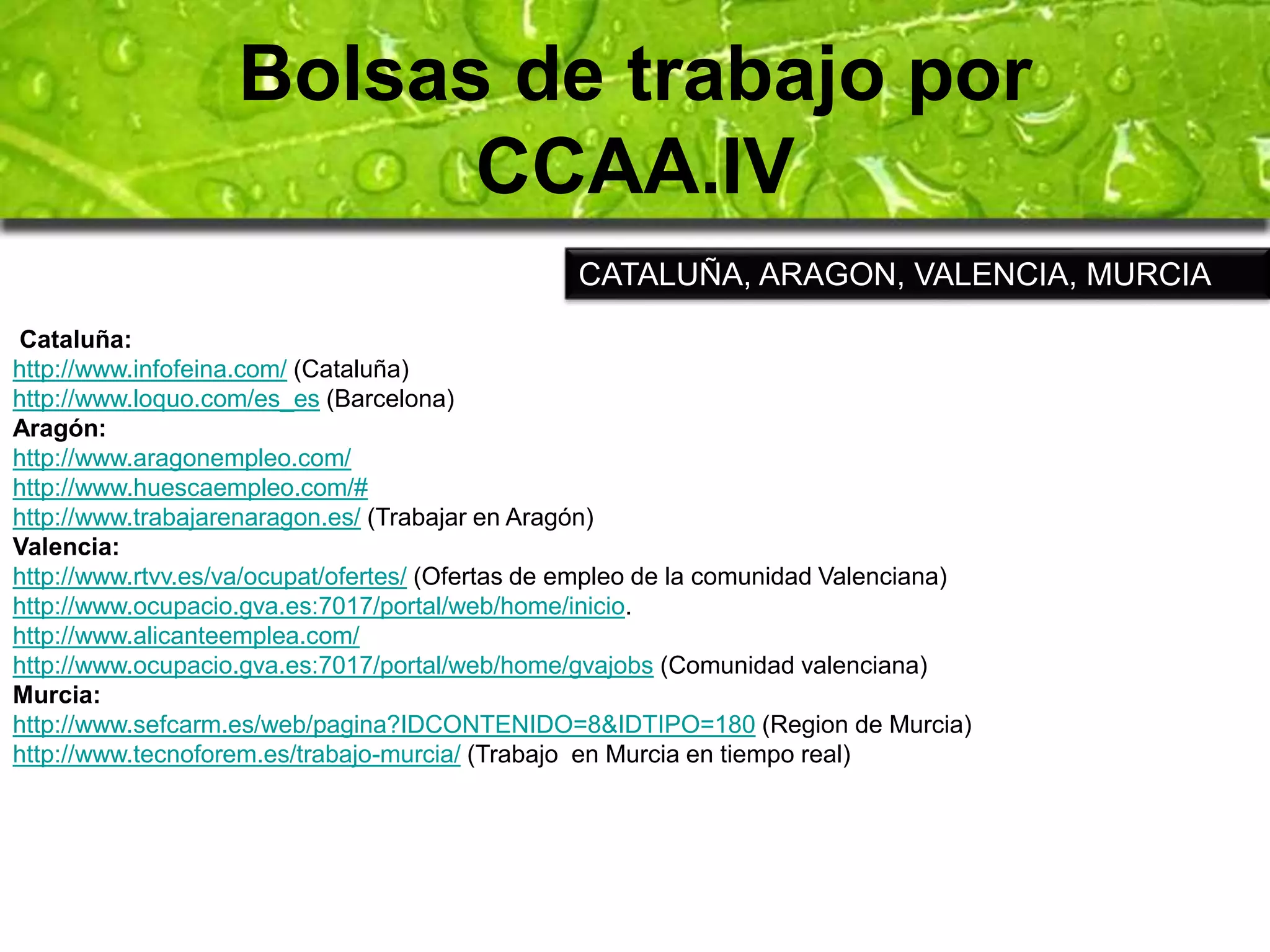 Bolsas de trabajo por 
CCAA.IV 
CATALUÑA, ARAGON, VALENCIA, MURCIA 
Cataluña: 
http://www.infofeina.com/ (Cataluña) 
http://www.loquo.com/es_es (Barcelona) 
Aragón: 
http://www.aragonempleo.com/ 
http://www.huescaempleo.com/# 
http://www.trabajarenaragon.es/ (Trabajar en Aragón) 
Valencia: 
http://www.rtvv.es/va/ocupat/ofertes/ (Ofertas de empleo de la comunidad Valenciana) 
http://www.ocupacio.gva.es:7017/portal/web/home/inicio. 
http://www.alicanteemplea.com/ 
http://www.ocupacio.gva.es:7017/portal/web/home/gvajobs (Comunidad valenciana) 
Murcia: 
http://www.sefcarm.es/web/pagina?IDCONTENIDO=8&IDTIPO=180 (Region de Murcia) 
http://www.tecnoforem.es/trabajo-murcia/ (Trabajo en Murcia en tiempo real) 
 