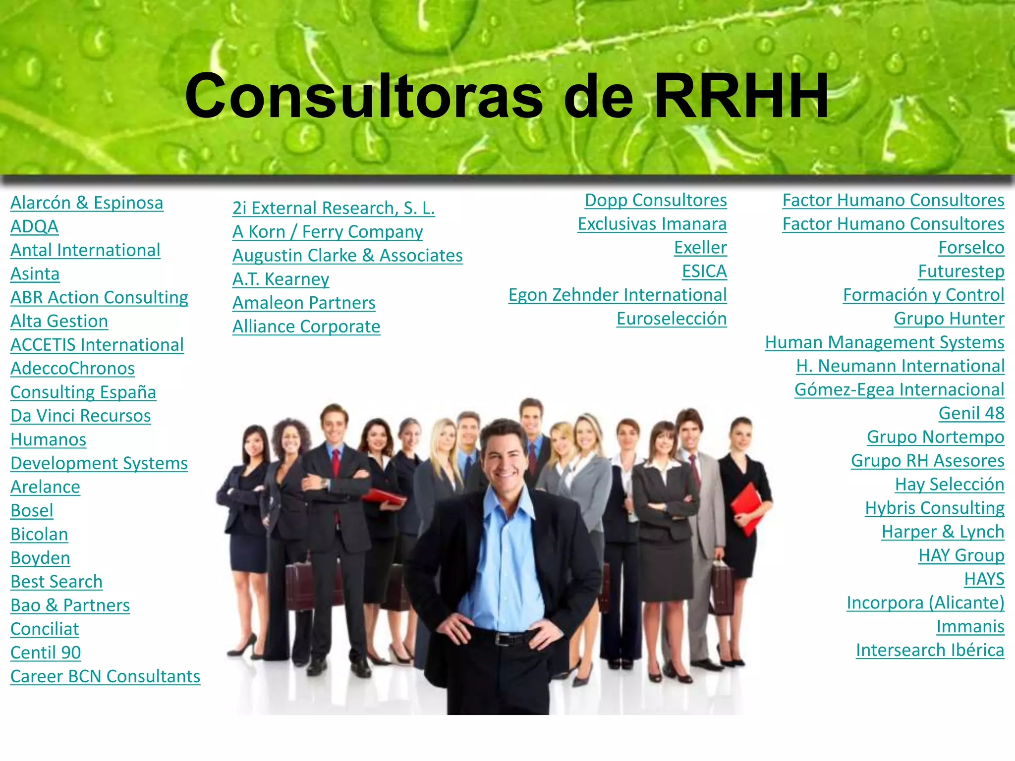 Consultoras de RRHH 
Alarcón & Espinosa 
ADQA 
Antal International 
Asinta 
ABR Action Consulting 
Alta Gestion 
ACCETIS International 
AdeccoChronos 
Consulting España 
Da Vinci Recursos 
Humanos 
Development Systems 
Arelance 
Bosel 
Bicolan 
Boyden 
Best Search 
Bao & Partners 
Conciliat 
Centil 90 
Career BCN Consultants 
Factor Humano Consultores 
Factor Humano Consultores 
Forselco 
Futurestep 
Formación y Control 
Grupo Hunter 
Human Management Systems 
H. Neumann International 
Gómez-Egea Internacional 
Genil 48 
Grupo Nortempo 
Grupo RH Asesores 
Hay Selección 
Hybris Consulting 
Harper & Lynch 
HAY Group 
HAYS 
Incorpora (Alicante) 
Immanis 
Intersearch Ibérica 
2i External Research, S. L. 
A Korn / Ferry Company 
Augustin Clarke & Associates 
A.T. Kearney 
Amaleon Partners 
Alliance Corporate 
Dopp Consultores 
Exclusivas Imanara 
Exeller 
ESICA 
Egon Zehnder International 
Euroselección 
 