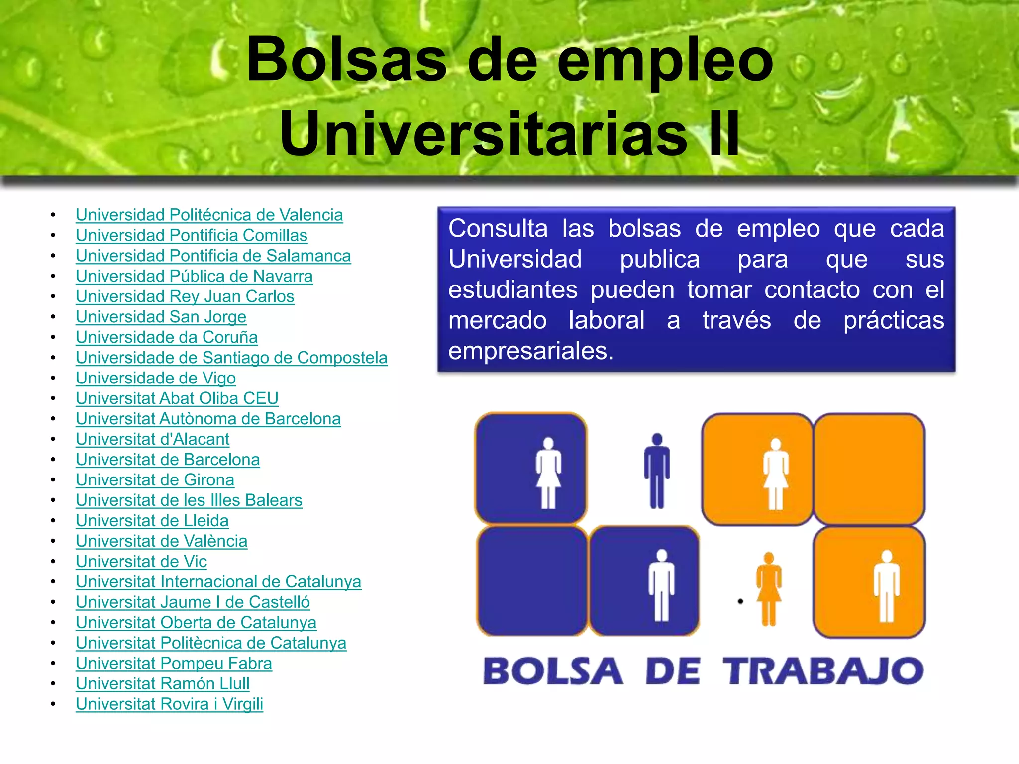 Bolsas de empleo 
Universitarias II 
• Universidad Politécnica de Valencia 
• Universidad Pontificia Comillas 
• Universidad Pontificia de Salamanca 
• Universidad Pública de Navarra 
• Universidad Rey Juan Carlos 
• Universidad San Jorge 
• Universidade da Coruña 
• Universidade de Santiago de Compostela 
• Universidade de Vigo 
• Universitat Abat Oliba CEU 
• Universitat Autònoma de Barcelona 
• Universitat d'Alacant 
• Universitat de Barcelona 
• Universitat de Girona 
• Universitat de les Illes Balears 
• Universitat de Lleida 
• Universitat de València 
• Universitat de Vic 
• Universitat Internacional de Catalunya 
• Universitat Jaume I de Castelló 
• Universitat Oberta de Catalunya 
• Universitat Politècnica de Catalunya 
• Universitat Pompeu Fabra 
• Universitat Ramón Llull 
• Universitat Rovira i Virgili 
Consulta las bolsas de empleo que cada 
Universidad publica para que sus 
estudiantes pueden tomar contacto con el 
mercado laboral a través de prácticas 
empresariales. 
 