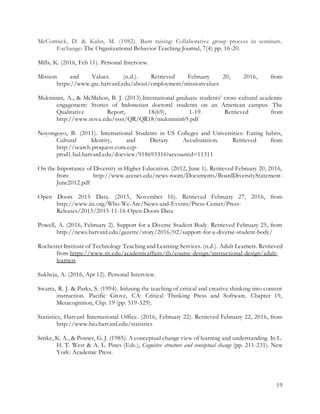 19
McCormick, D. & Kahn, M. (1982). Barn raising: Collaborative group process in seminars.
Exchange: The Organizational Behavior Teaching Journal, 7(4) pp. 16-20.
Mills, K. (2016, Feb 11). Personal Interview.
Mission and Values. (n.d.). Retrieved February 20, 2016, from
https://www.gse.harvard.edu/about/employment/missionvalues
Mukminin, A., & McMahon, B. J. (2013).International graduate students’ cross-cultural academic
engagement: Stories of Indonesian doctoral students on an American campus. The
Qualitative Report, 18(69), 1-19. Retrieved from
http://www.nova.edu/ssss/QR/QR18/mukminin69.pdf
Noyongoyo, B. (2011). International Students in US Colleges and Universities: Eating habits,
Cultural Identity, and Dietary Acculturation. Retrieved from
http://search.proquest.com.ezp-
prod1.hul.harvard.edu/docview/918693316?accountid=11311
On the Importance of Diversity in Higher Education. (2012, June 1). Retrieved February 20, 2016,
from http://www.acenet.edu/news-room/Documents/BoardDiversityStatement-
June2012.pdf
Open Doors 2015 Data. (2015, November 16). Retrieved February 27, 2016, from
http://www.iie.org/Who-We-Are/News-and-Events/Press-Center/Press-
Releases/2015/2015-11-16-Open-Doors-Data
Powell, A. (2016, February 2). Support for a Diverse Student Body. Retrieved February 25, from
http://news.harvard.edu/gazette/story/2016/02/support-for-a-diverse-student-body/
Rochester Institute of Technology Teaching and Learning Services. (n.d.). Adult Learners. Retrieved
from https://www.rit.edu/academicaffairs/tls/course-design/instructional-design/adult-
learners
Sukheja, A. (2016, Apr 12). Personal Interview.
Swartz, R. J. & Parks, S. (1994). Infusing the teaching of critical and creative thinking into content
instruction. Pacific Grove, CA: Critical Thinking Press and Software. Chapter 19,
Metacognition, Chp. 19 (pp. 519-529).
Statistics, Harvard International Office. (2016, February 22). Retrieved February 22, 2016, from
http://www.hio.harvard.edu/statistics
Strike, K. A., & Posner, G. J. (1985). A conceptual change view of learning and understanding. In L.
H. T. West & A. L. Pines (Eds.), Cognitive structure and conceptual change (pp. 211-231). New
York: Academic Press.
 