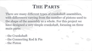 THE PARTS
There are many different types of crankshaft assemblies,
with differences varying from the number of pistons used to
the shape of the assembly as a whole. For this project we
have designed a very simple crankshaft, focusing on three
main parts:
- the Crankshaft
- the Connecting Rod & Pin
- the Piston
 