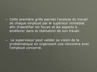 Cette première grille permet l'analyse du travail
de chaque employé par le supérieur immédiat
afin d'identifier les forces et les aspects à
améliorer dans la réalisation de son travail.
 Le superviseur peut valider sa vision de la
problématique en organisant une rencontre avec
l'employé concerné.
 