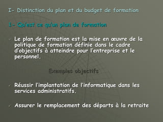 I- Distinction du plan et du budget de formation
1- Qu’est ce qu’un plan de formation
 Le plan de formation est la mise en œuvre de la
politique de formation définie dans le cadre
d’objectifs à atteindre pour l’entreprise et le
personnel.
Exemples objectifs
 Réussir l’implantation de l’informatique dans les
services administratifs.
 Assurer le remplacement des départs à la retraite
 