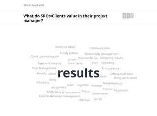 Wordcloud poll
What do SROs/Clients value in their project
manager?
0 1 8
results
uncertainty
together
team
proper
plan
multi
manage
documentation
disciplinary
bring
action
Trustp
Trust and integrity
Trust & competence
Transparency
Timely Actions
Time Management
Stakeholder management
Reporting
Reliability/trust
Honesty
Governance
Good stakeholder management
Good communication
Getting stuff done
Efficiency
Effective
Delivering results
Communication
Comms
Clarity
Being up-to-dated
Adaptation
Ability to adapt
Ability
 