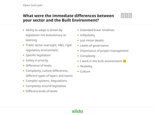 Open text poll
What were the immediate differences between
your sector and the Built Environment?
0 1 5
Ability to adapt is driven by
legislation not evolutionary or
leatning
Public sector oversight, H&S, rigid
regulatory environment.
Specific legislation
Safety in priority.
Difference of levels
Complexity, culture differences,
different types of layers and teams
Complex systems, Regulations
Complexity around legislation
Different kinds of levels
Extended linear timelines
Inflexibility
Just minor details
Levels of governance
Importance of project management
Complexity
I work in the built environment 😊
flexibility
Culture
 