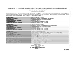 30(SegundaSección)DIARIOOFICIALMartes26dejuliode2016
INSTITUTO DE SEGURIDAD Y SERVICIOS SOCIALES DE LOS TRABAJADORES DEL ESTADO
HOSPITAL REGIONAL DE ALTA ESPECIALIDAD
BICENTENARIO DE LA INDEPENDENCIA
RESUMEN DE CONVOCATORIA
De conformidad con la Ley de Adquisiciones, Arrendamientos y Servicios del Sector Público, se convoca a los interesados en participar en las Licitaciones Públicas,
cuya Convocatoria que contiene las bases de participación se encuentran disponibles para consulta en Internet: http://compranet.gob.mx o bien en Calle: Ciruelos
No. 4, Localidad Lázaro Cárdenas, Tultitlán, Estado de México, C.P. 54916 teléfono: 51 40 96 17
No. de Licitación: HRAEBI/D/SA/CRM/LPI-004-2016
Descripción de la licitación Adquisición y suministro de medicamentos fuera de cuadro
Volumen a adquirir Los detalles se determinan en la propia convocatoria
Fecha de publicación en Compra Net Martes 26 de Julio 2016
Junta de aclaraciones Lunes 01 de Agosto 2016 a las 11:00 horas
Presentación y apertura de propuestas Martes 09 de Agosto 2016 a las 10:00 horas
No. de Licitación: HRAEBI/D/SA/CRM/LPI-005-2016
Descripción de la licitación Adquisición y suministro de Materiales de Curación fuera de cuadro
Volumen a adquirir Los detalles se determinan en la propia convocatoria
Fecha de publicación en Compra Net Martes 26 de Julio 2016
Junta de aclaraciones Martes 02 de Agosto 2016 a las 15:00 horas
Presentación y apertura de propuestas Martes 16 de Agosto 2016 a las 13:00 horas
No. de Licitación: HRAEBI/D/SA/CRM/LPN-003-2016
Descripción de la licitación Mantenimiento preventivo y correctivo a Equipo Médico e Instrumental Quirúrgico
Volumen a adquirir Los detalles se determinan en la propia convocatoria
Fecha de publicación en Compra Net Martes 26 de Julio 2016
Junta de aclaraciones Jueves 04 de Agosto 2016 a las 14:00 horas
Presentación y apertura de propuestas Viernes 12 de Agosto 2016 a las 14:00 horas
No. de Licitación: HRAEBI/D/SA/CRM/LPN-004-2016
Descripción de la licitación Servicio de Laboratorio de análisis clínico
Volumen a adquirir Los detalles se determinan en la propia convocatoria
Fecha de publicación en Compra Net Martes 26 de Julio 2016
Junta de aclaraciones Martes 02 de Agosto 2016 a las 10:00 horas
Presentación y apertura de propuestas Martes 09 de Agosto 2016 a las 15:00 horas
ATENTAMENTE
MARTES, 26 DE JULIO DE 2016.
DIRECTOR
DR. RENE BIBIANO LEON ORTEGA
RUBRICA.
(R.- 434986)
 