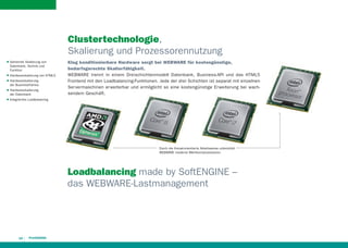 Clustertechnologie,
Skalierung und Prozessorennutzung
QQ

QQ
QQ

QQ

QQ

Getrennte Skalierung von
Datenbank, Technik und
Funktion
Hardwareskalierung von HTML5
Hardwareskalierung
der Businessframes
Hardwareskalierung
der Datenbank

Klug konditionierbare Hardware sorgt bei WEBWARE für kostengünstige,
bedarfsgerechte Skalierfähigkeit.
WEBWARE trennt in einem Dreischichtenmodell Datenbank, Business-API und das HTML5
Frontend mit den Loadbalancing-Funktionen. Jede der drei Schichten ist separat mit einzelnen
Ser vermaschinen er weiterbar und ermöglicht so eine kostengünstige Er weiterung bei wachsendem Geschäft.

Integriertes Loadbalancing

Durch die thread-orientierte Arbeitsweise unterstützt
WEBWARE moderne Mehrkernprozessoren.

Loadbalancing made by SoftENGINE –
das WEBWARE-Lastmanagement

10

 