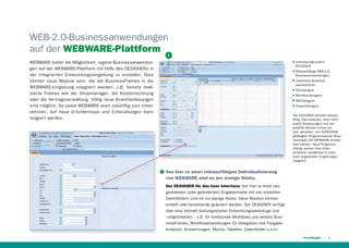 WEB-2.0-Businessanwendungen
auf der WEBWARE-Plattform

1

WEBWARE bietet die Möglichkeit, eigene Businessanwendungen auf der WEBWARE-Plattform mit Hilfe des DESIGNERs in
der integrier ten Entwicklungsumgebung zu erstellen. Dies
können neue Module sein, die als BusinessFrames in die
WEBWARE-Umgebung integrier t werden, z.B. bereits realisier te Frames wie der Shopmanager, die Kostenrechnung
oder die Ver tragsver waltung. Völlig neue Branchenlösungen
sind möglich. So passt WEBWARE auch zukünftig zum Unternehmen. Auf neue Er fordernisse und Entwicklungen kann
reagier t werden.

QQ

QQ

QQ

Entwicklungssystem
DESIGNER
Releasefähige WEB-2.0Businessanwendungen
Zahlreiche Businessapplikationen

QQ

GUI-Designer

QQ

Workﬂow-Designer

QQ

MIS-Designer

QQ

Output-Designer

Der DESIGNER arbeitet releasefähig. Das bedeutet, dass individuelle Anpassungen und neu
erstellte Module immer mit
dem aktuellen, von SoftENGINE
gepﬂegten Programmkernel (Businesslogik) von WEBWARE kompatibel bleiben. Neue Programmstände werden über einen
einfachen Updatelauf in individuell angepasste Umgebungen
integriert.
1

Von hier zu einer releasefähigen Individualisierung
von WEBWARE sind es nur wenige Klicks.
Der DESIGNER für das User Interface: Von hier zu einer neu
gestalteten (oder geänderten) Eingabemaske mit neu erstellten
Datenfeldern sind es nur wenige Klicks. Neue Masken können
erstellt oder bestehende geändert werden. Der DESIGNER verfügt
über eine Vielzahl leistungsstarker Entwicklungswerkzeuge und
--möglichkeiten – z.B. für funktionale Workﬂows und weitere BusinessFrames, Workﬂowanwendungen für Delegation und Freigabe,
Analysen, Auswertungen, Menüs, Tabellen, Datenfelder u.a.m.
7

 