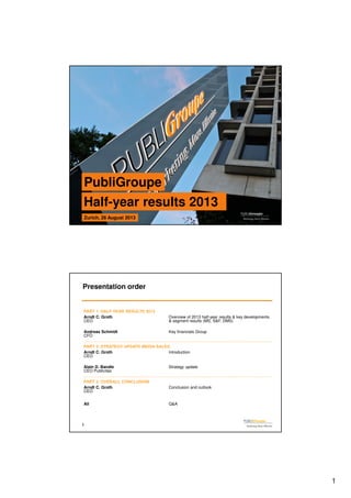 1
0
PubliGroupePubliGroupe
Half-year results 2013Half-year results 2013
Zurich, 26 August 2013Zurich, 26 August 2013
1
Presentation order
PART 1: HALF-YEAR RESULTS 2013
Arndt C. Groth Overview of 2013 half-year results & key developments
CEO & segment results (MS, S&F, DMS)
Andreas Schmidt Key financials Group
CFO
PART 2: STRATEGY UPDATE MEDIA SALES
Arndt C. Groth Introduction
CEO
Alain D. Bandle Strategy update
CEO Publicitas
PART 3: OVERALL CONCLUSION
Arndt C. Groth Conclusion and outlook
CEO
All Q&A
 