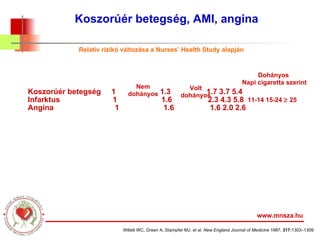 Koszorúér betegség  1      1.3     1.7 3.7 5.4 Infarktus       1      1.6     2.3 4.3 5.8 Angina        1      1.6     1.6 2.0 2.6 Relatív rizikó változása a Nurses’ Health Study alapján www.mnsza.hu Nem dohányos Volt dohányos Dohányos  Napi cigaretta szerint 11-14 15-24    25 Willett WC, Green A, Stampfer MJ,  et al.   New England Journal of Medicine  1987;  317: 1303–1309. Koszorúér betegség, AMI, angina  