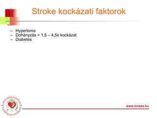 Stroke kockázati faktorok Hypertonia Dohányzás = 1,5 – 4,5x kockázat Diabetes www.mnsza.hu 