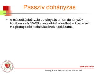 Passzív dohányzás A másodkézből való dohányzás a nemdohányzók körében akár 25-30 százalékkal növelheti a koszorúér megbetegedés kialakulásának kockázatát. www.mnsza.hu Whincup, P et al.  BMJ  329: 200-205, June 30, 2004.  