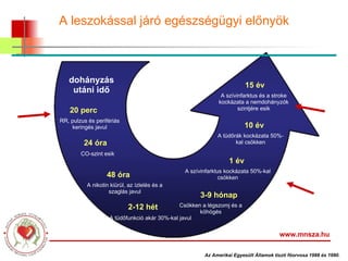A leszokással járó egészségügyi előnyök www.mnsza.hu Az Amerikai Egyesült Államok tiszti főorvosa 1988 és 1990. dohányzás utáni idő 20 perc RR, pulzus és perifériás keringés javul 24 óra  CO-szint esik 48 óra  A nikotin kiürül, az ízlelés és a szaglás javul 2-12 hét  A tüdőfunkció akár 30%-kal javul 3-9 hónap  Csökken a légszomj és a köhögés 1 év  A szívinfarktus kockázata 50%-kal csökken 10 év  A tüdőrák kockázata 50%-kal csökken 15 év  A szívinfarktus és a stroke kockázata a nemdohányzók szintjére esik 