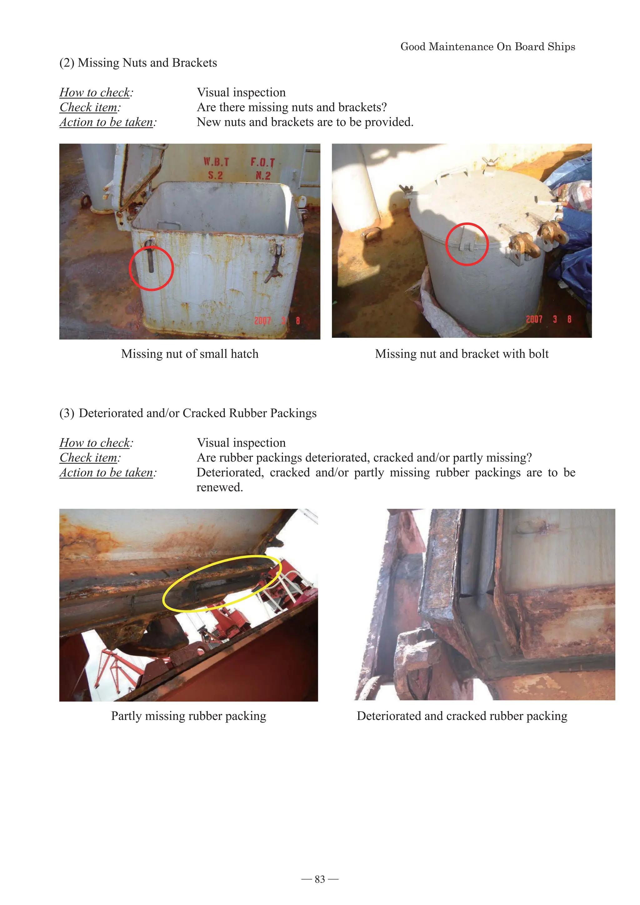 *RRG0DLQWHQDQFH2Q%RDUG6KLSV
- 83 -
(2) Missing Nuts and Brackets
How to check: Visual inspection
Check item: Are there missing nuts and brackets?
Action to be taken: New nuts and brackets are to be provided.
Missing nut of small hatch Missing nut and bracket with bolt
(3)Deteriorated and/or Cracked Rubber Packings
How to check: Visual inspection
Check item: Are rubber packings deteriorated, cracked and/or partly missing?
Action to be taken: Deteriorated, cracked and/or partly missing rubber packings are to be
renewed.
Partly missing rubber packing Deteriorated and cracked rubber packing
― 83 ―
 