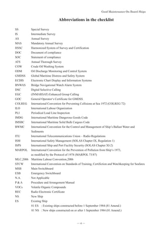 *RRG0DLQWHQDQFH2Q%RDUG6KLSV



Abbreviations in the checklist
SS Special Survey
IS Intermediate Survey
AS Annual Survey
MAS Mandatory Annual Survey
HSSC Harmonized System of Survey and Certification
DOC Document of compliance
SOC Statement of compliance
ATS Annual Thorough Survey
COW Crude Oil Washing System
ODM Oil Discharge Monitoring and Control System
GMDSS Global Maritime Distress and Safety System
ECDIS Electronic Chart Display and Information Systems
BNWAS Bridge Navigational Watch Alarm System
DSC Digital Selective Calling
EGC (INMARSAT) Enhanced Group Calling
GOC General Operator‘s Certificate for GMDSS
COLREG International Convention for Preventing Collisions at Sea 1972 (COLREG 72)
ILO International Labour Organization
PLI Periodical Load Line Inspection
IMDG  International Maritime Dangerous Goods Code
IMSBC International Maritime Solid Bulk Cargoes Code
BWMC International Convention for the Control and Management of Ship’s Ballast Water and
Sediments
ITU International Telecommunications Union – Radio Regulations
ISM International Safety Management (SOLAS Chapter IX, Regulation 1)
ISPS International Ship and Port Facility Security (SOLAS Chapter XI-2)
MARPOL International Convention for the Prevention of Pollution from Ship‘s 1973,
as modified by the Protocol of 1978 (MARPOL 73/87)
MLC,2006 Maritime Labour Convention,2006
STCW International Convention on Standards of Training, Certifiction and Watchkeeping for Seafares
MSB Main Switchboard
ESB Emergency Switchboard
N.A. Not Applicable
P  A Procedure and Arrangement Manual
VOCs Volatile Organic Compounds
REC Radio Electronic Certificate
NS New Ship
ES Existing Ship
81 ES : Existing ships constructed before 1 September 1984 (81 Amend.)
81 NS : New ships constructed on or after 1 September 1984 (81 Amend.)
― 4 ―
 