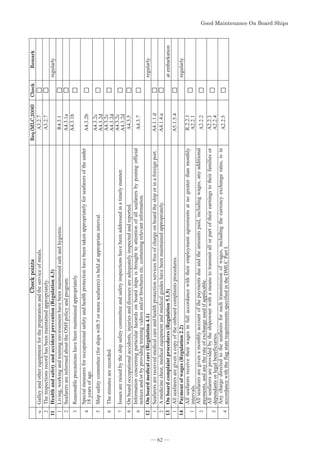 *RRG0DLQWHQDQFH2Q%RDUG6KLSV

KHFNSRLQWV
5HT
0/

KHFN
5HPDUN
-c
Galley
and
other
equipment
for
the
preparation
and
the
service
of
meals.
A3.2.7
2
The
inspections
record
has
been
maintained
appropriately.
A3.2.7
11
Health
and
safety
and
accident
prevention
(Regulation
4.3)
regularly
1
Living,
working
and
training
environment
have
been
maintained
safe
and
hygienic.
R4.3.1
2
Seafarers
are
informed
about
the
OSH
policy
and
program.
A4.3.1a
3
Reasonable
precautions
have
been
maintained
appropriately.
A4.3.1b
4
Special
measures
for
occupational
safety
and
health
protection
have
been
taken
appropriately
for
seafarers
of
the
under
18
years
of
age.
A4.3.2b
5
Ship
safety
committee
(for
ships
with
5
or
more
seafarers)
is
held
at
appropriate
interval.
A4.3.2c
A4.3.2d
6
The
minutes
are
recorded.
A4.3.2c
A4.3.2d
7
Issues
are
raised
by
the
ship
safety
committee
and
safety
inspections
have
been
addressed
in
a
timely
manner.
A4.3.2c
A4.3.2d
8
On
board
occupational
accidents,
injuries
and
diseases
are
adequately
inspected
and
reported.
A4.3.5
9
Information
concerning
particular
hazards
on
board
ships
is
brought
to
attention
of
all
seafarers
by
posting
official
notices
and/or
by
providing
training
videos
and/or
brochures
etc.
containing
relevant
information.
A4.3.7
12
On
board
medical
care
(Regulation
4.1)
regularly
1
Seafarers
are
received
medical
care
and
health
protection
services
free
of
charge
on
board
the
ship
or
in
a
foreign
port.
A4.1.1.d
2
A
medicine
chest,
medical
equipment
and
medical
guides
have
been
maintained
appropriately.
A4.1.4.a
13
On
board
complaint
procedures
(Regulation
5.1.5)
at
embarkation
1
All
seafarers
are
given
a
copy
of
the
onboard
complaints
procedures.
A5.1.5.4
14
Payment
of
wages
(Regulation
2.2)
regularly
1
All
seafarers
receive
their
wages
in
full
accordance
with
their
employment
agreements
at
no
greater
than
monthly
intervals.
R.2.2.1
A2.2.1
2
All
seafarers
are
given
a
monthly
account
of
the
payments
due
and
the
amounts
paid,
including
wages,
any
additional
payments,
and
any
the
rate
of
exchange
used
if
applicable.
A2.2.2
3
All
seafarers
are
provided
by
the
shipowner
with
a
means
to
transmit
all
or
part
of
their
earnings
to
their
families
or
dependants
or
legal
beneficiaries.
A2.2.3
A2.2.4
4
Any
charge
directed
to
the
seafarers
for
such
transmission
of
wages,
including
the
currency
exchange
rates,
is
in
accordance
with
the
flag
state
requirements
specified
in
the
DMLC
Part
I.
A2.2.5
*RRG0DLQWHQDQFH2Q%RDUG6KLSV
― 62 ―
 