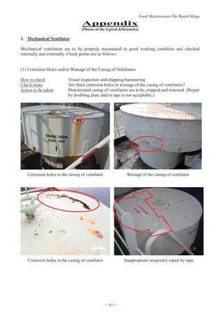 *RRG0DLQWHQDQFH2Q%RDUG6KLSV
- 63 -
Appendix
(Photos of the typical deficiencies)
1. Mechanical Ventilator
Mechanical ventilators are to be properly maintained in good working condition and checked
internally and externally. Check points are as follows:
(1)Corrosion Holes and/or Wastage of the Casing of Ventilators
How to check: Visual inspection and chipping/hammering
Check items: Are there corrosion holes or wastage of the casing of ventilators?
Action to be taken: Deteriorated casing of ventilators are to be cropped and renewed. (Repair
by doubling plate and/or tape is not acceptable.)
Corrosion holes in the casing of ventilator Wastage of the casing of ventilator
Corrosion holes in the casing of ventilator Inappropriate temporary repair by tape
― 63 ―
 