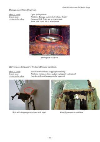 *RRG0DLQWHQDQFH2Q%RDUG6KLSV
- 66 -
Damage and/or Stuck Disc Floats
How to check: Open up inspection
Check item: Are there damage and/or stuck of disc floats?
Action to be taken: Damaged disk floats are to be renewed.
Stuck disk floats are to be adjusted.
Damage of disk float
(2)Corrosion Holes and/or Wastage of Natural Ventilators
How to check: Visual inspection and chipping/hammering
Check item: Are there corrosion holes and/or wastage of ventilators?
Action to be taken: Deteriorated ventilators are to be renewed.
Hole with inappropriate repair with tapes Wasted gooseneck ventilator
― 66 ―
 