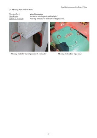 *RRG0DLQWHQDQFH2Q%RDUG6KLSV
- 67 -
(3)Missing Nuts and/or Bolts
How to check: Visual inspection
Check item: Are there missing nuts and/or bolts?
Action to be taken: Missing nuts and/or bolts are to be provided.
Missing butterfly nut of gooseneck ventilator Missing bolts of air pipe head
― 67 ―
 