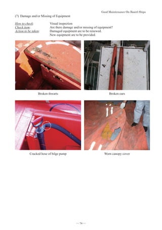 *RRG0DLQWHQDQFH2Q%RDUG6KLSV
- 74 -
(7)Damage and/or Missing of Equipment
How to check: Visual inspection
Check item: Are there damage and/or missing of equipment?
Action to be taken: Damaged equipment are to be renewed.
New equipment are to be provided.
Broken thwarts Broken oars
Cracked hose of bilge pump Worn canopy cover
― 74 ―
 