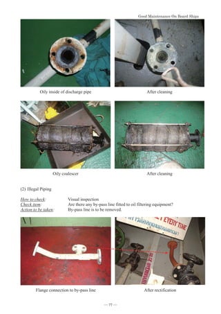 *RRG0DLQWHQDQFH2Q%RDUG6KLSV
- 77 -
Oily inside of discharge pipe After cleaning
Oily coalescer After cleaning
(2)Illegal Piping
How to check: Visual inspection
Check item: Are there any by-pass line fitted to oil filtering equipment?
Action to be taken: By-pass line is to be removed.
Flange connection to by-pass line After rectification
― 77 ―
 