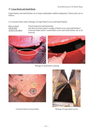 *RRG0DLQWHQDQFH2Q%RDUG6KLSV
- 82 -
12.Cargo Hatch and Small Hatch
Cargo hatches and small hatches are to keep weathertight condition adequately. Check points are as
follows:
(1) Corrosion Holes and/or Wastage of Cargo Hatch Covers and Small Hatches
How to check: Visual inspection and hammering
Check item: Are there corrosion and/or wastage of hatch covers and small hatches?
Action to be taken: Corrosion holed and/or wasted hatch covers and small hatches are to be
renewed.
Wastage of small hatch coaming
Corrosion hole in access hatch Wastage of cargo hatch covers
― 82 ―
 
