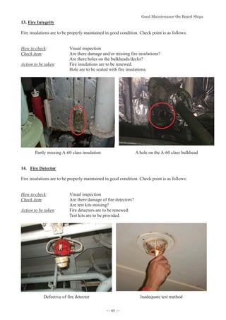 *RRG0DLQWHQDQFH2Q%RDUG6KLSV
- 85 -
13.Fire Integrity
Fire insulations are to be properly maintained in good condition. Check point is as follows:
How to check: Visual inspection
Check item: Are there damage and/or missing fire insulations?
Are there holes on the bulkheads/decks?
Action to be taken: Fire insulations are to be renewed.
Hole are to be sealed with fire insulations.
Partly missing A-60 class insulation A hole on the A-60 class bulkhead
14. Fire Detector
Fire insulations are to be properly maintained in good condition. Check point is as follows:
How to check: Visual inspection
Check item: Are there damage of fire detectors?
Are test kits missing?
Action to be taken: Fire detectors are to be renewed.
Test kits are to be provided.
Defective of fire detector Inadequate test method
― 85 ―
 