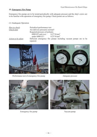 *RRG0DLQWHQDQFH2Q%RDUG6KLSV
- 86 -
15.Emergency Fire Pump
Emergency fire pumps are to be tested periodically with adequate pressure and the ship’s crews are
to be familiar with operation of emergency fire pump. Check points are as follows:
(1)Inadequate Operation
How to check: Periodical performance test
Check item: Are delivery pressures normal?
Required pressure at hydrants:
6000 GT and over : 0.27 N/mm2
under 6000 GT : 0.25 N/mm2
Action to be taken: Deficient emergency fire pumps including vacuum pumps are to be
repaired.
Performance test of emergency fire pump Adequate pressure
Emergency fire pump Vaccum pump
― 86 ―
 